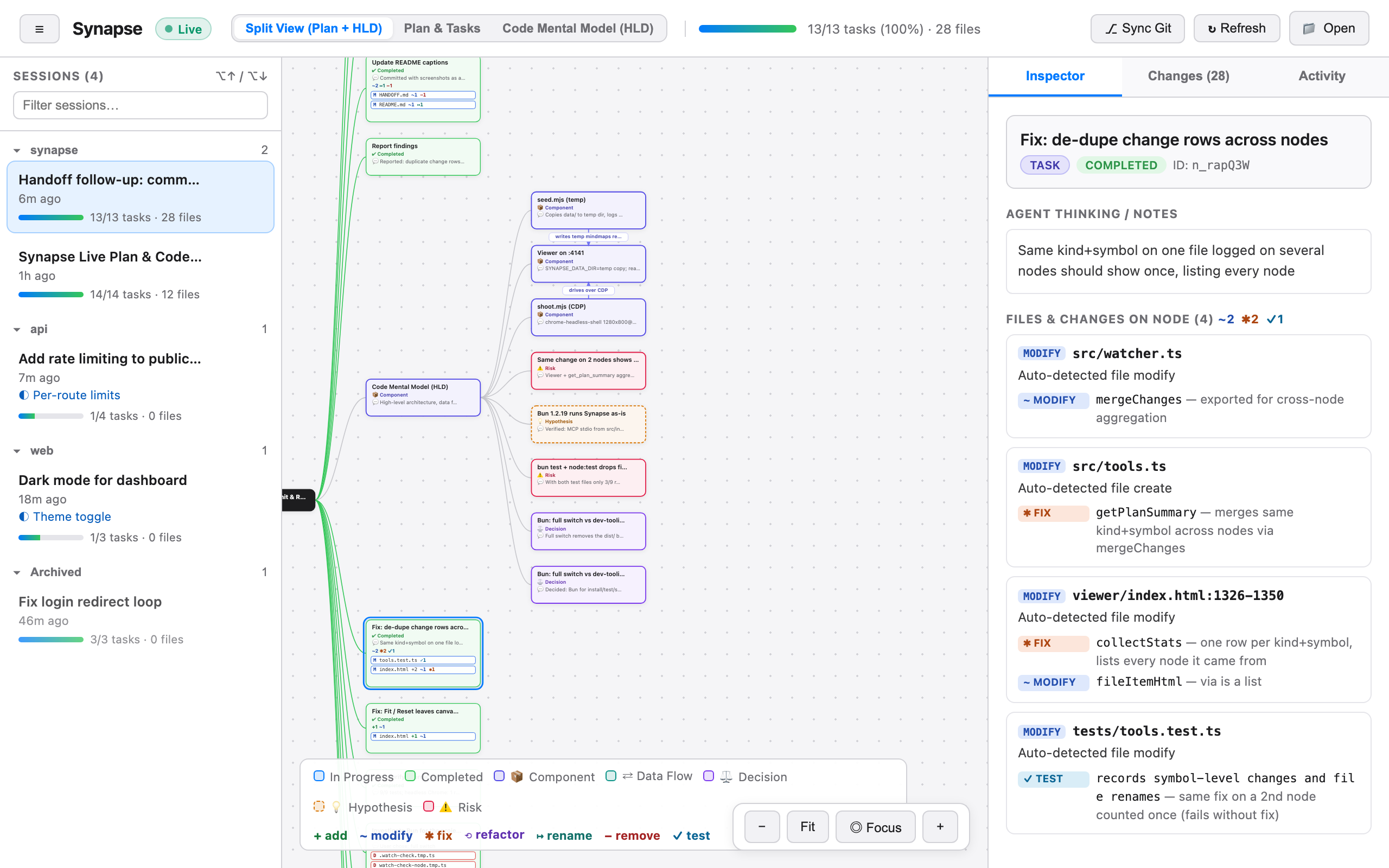 Split view: the plan tree next to the agent's code mental model